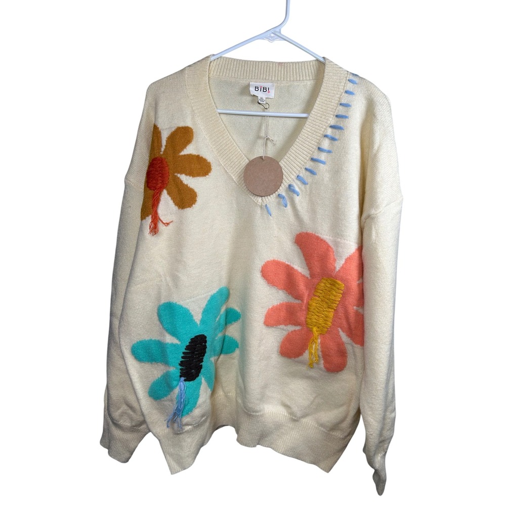 NEW BiBi V-Neck Sweater Women's XL Cream Floral Embroidered Knit Artsy Oversized